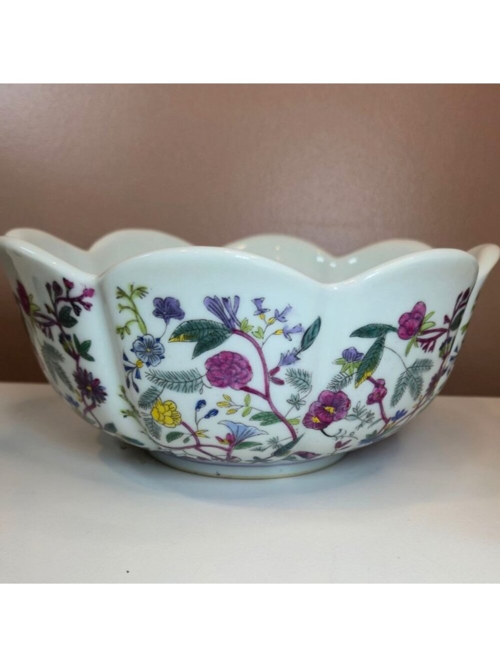 Vintage New England Pottery Floral Planter Bowl  Scalloped colorful Wildflowers